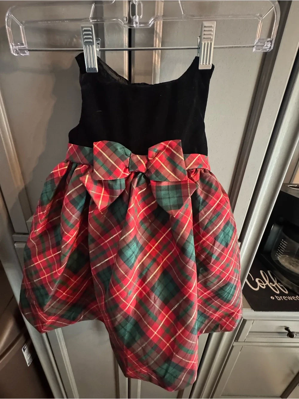 Girls Black Velvet Top Red & Green Plaid Bow Skirt